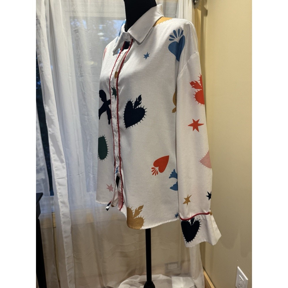 Women's White Multicolor Heart Stars Birds Collared Button-Front Long Sleeve L - Picture 3 of 6